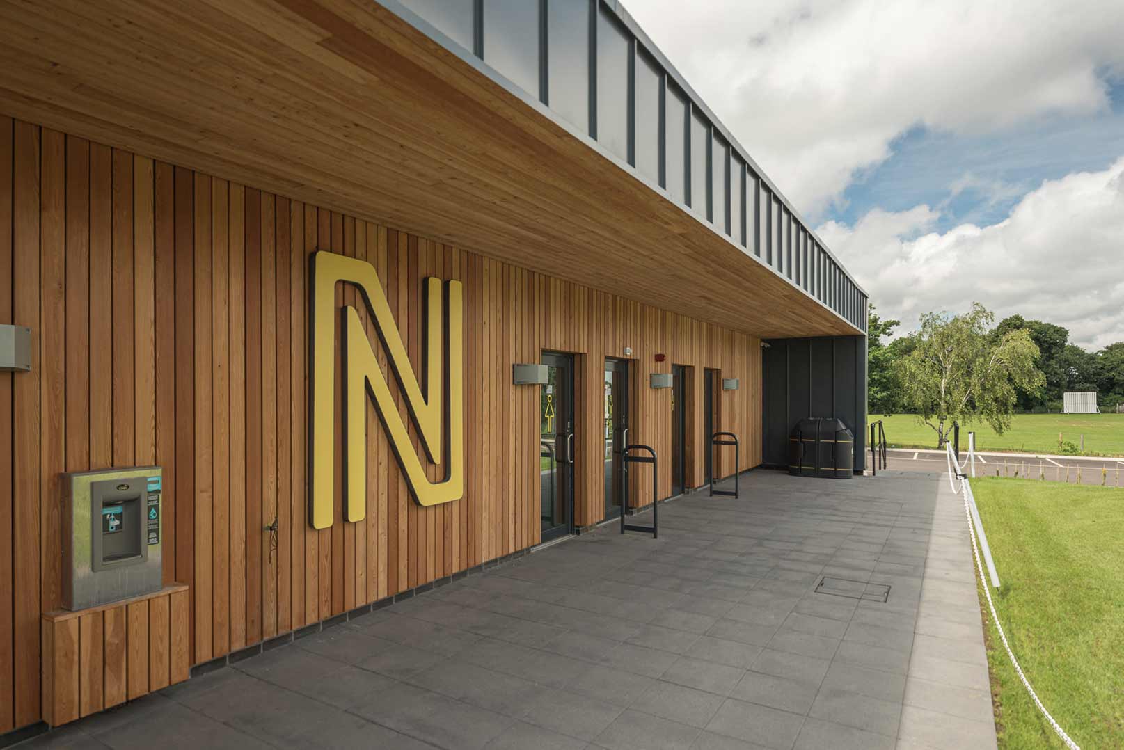 The changing room facade on the Hub building at The Nest